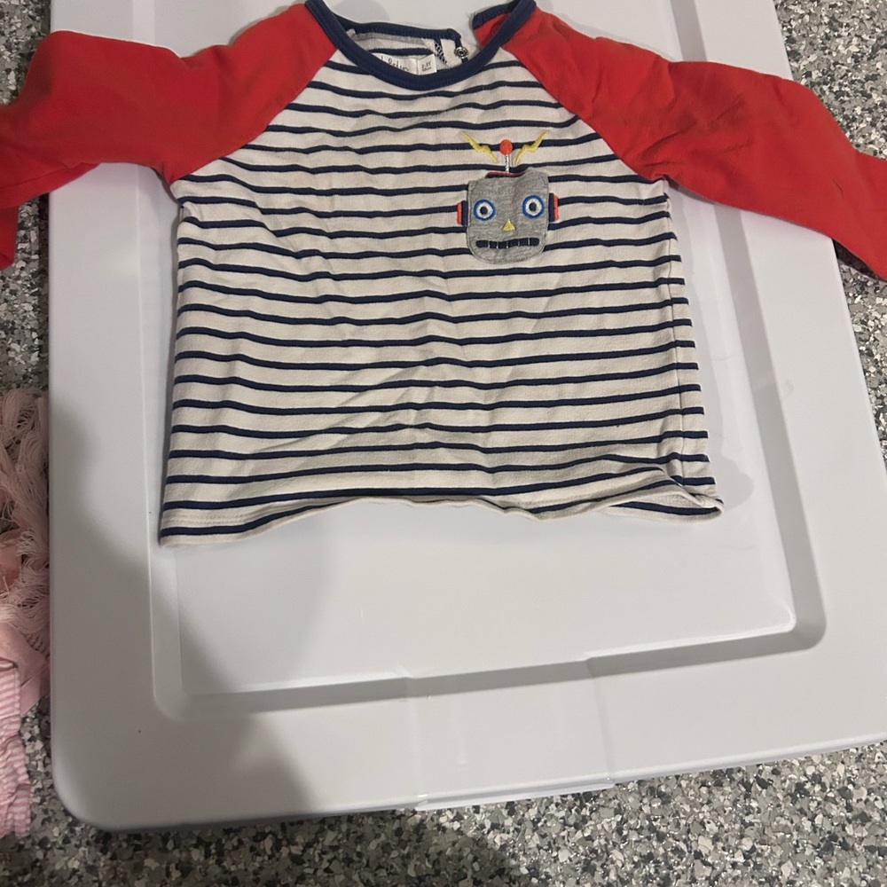 Baby Boden Navy & White Striped Raglan Top with Red Sleeves